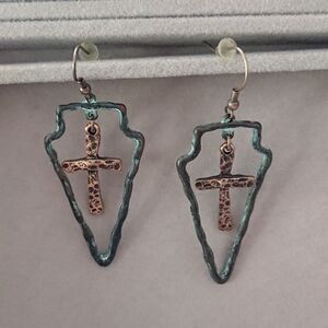 Rustic Copper Triangle with cross Earrings